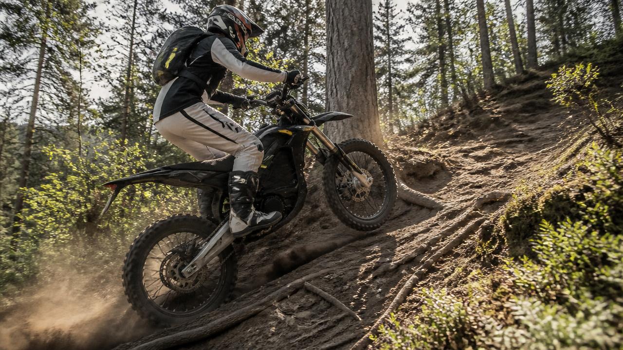 Elektryczny motocykl terenowy na stromym leśnym podjeździe z korzeniami