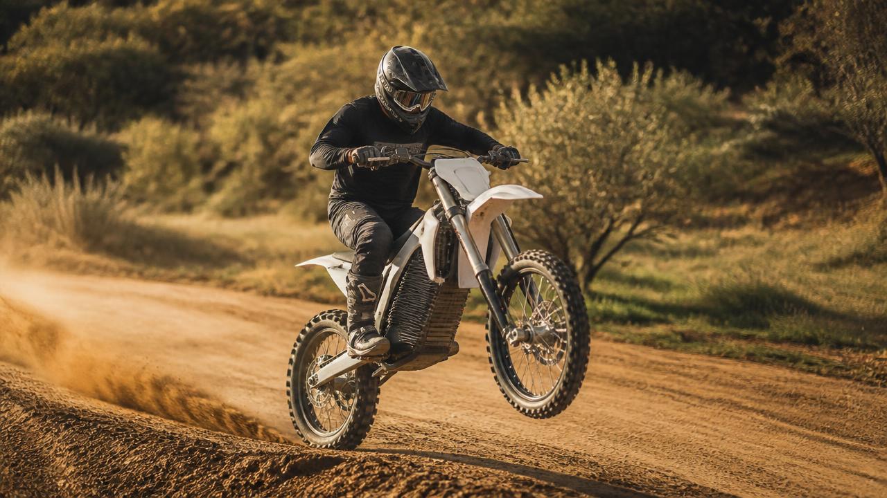 Lekki elektryczny motocykl terenowy z lekko uniesionym przednim kołem na ubitym torze