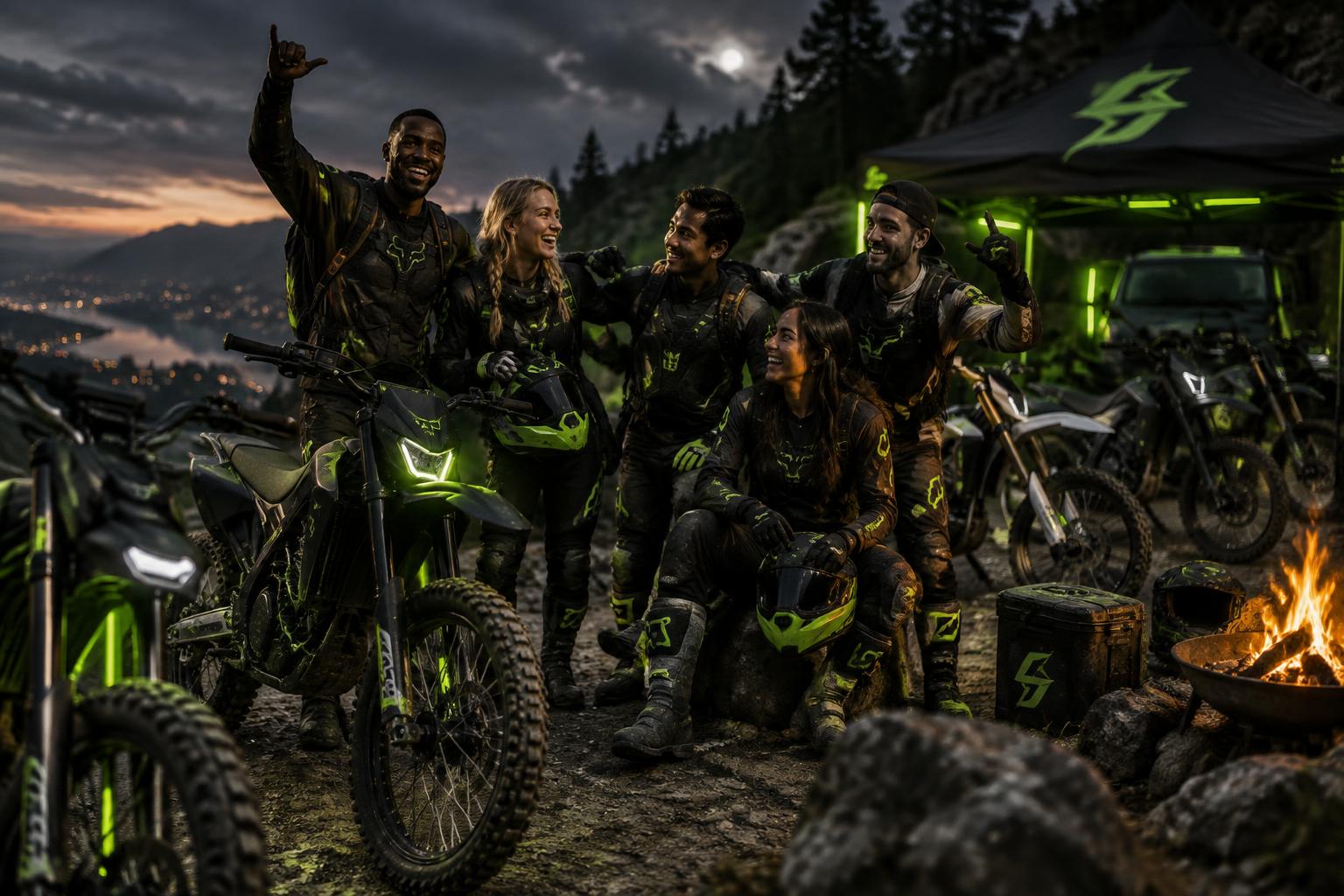 Społeczność S&S Ride — jeźdźcy przy ognisku z elektrycznymi motocyklami