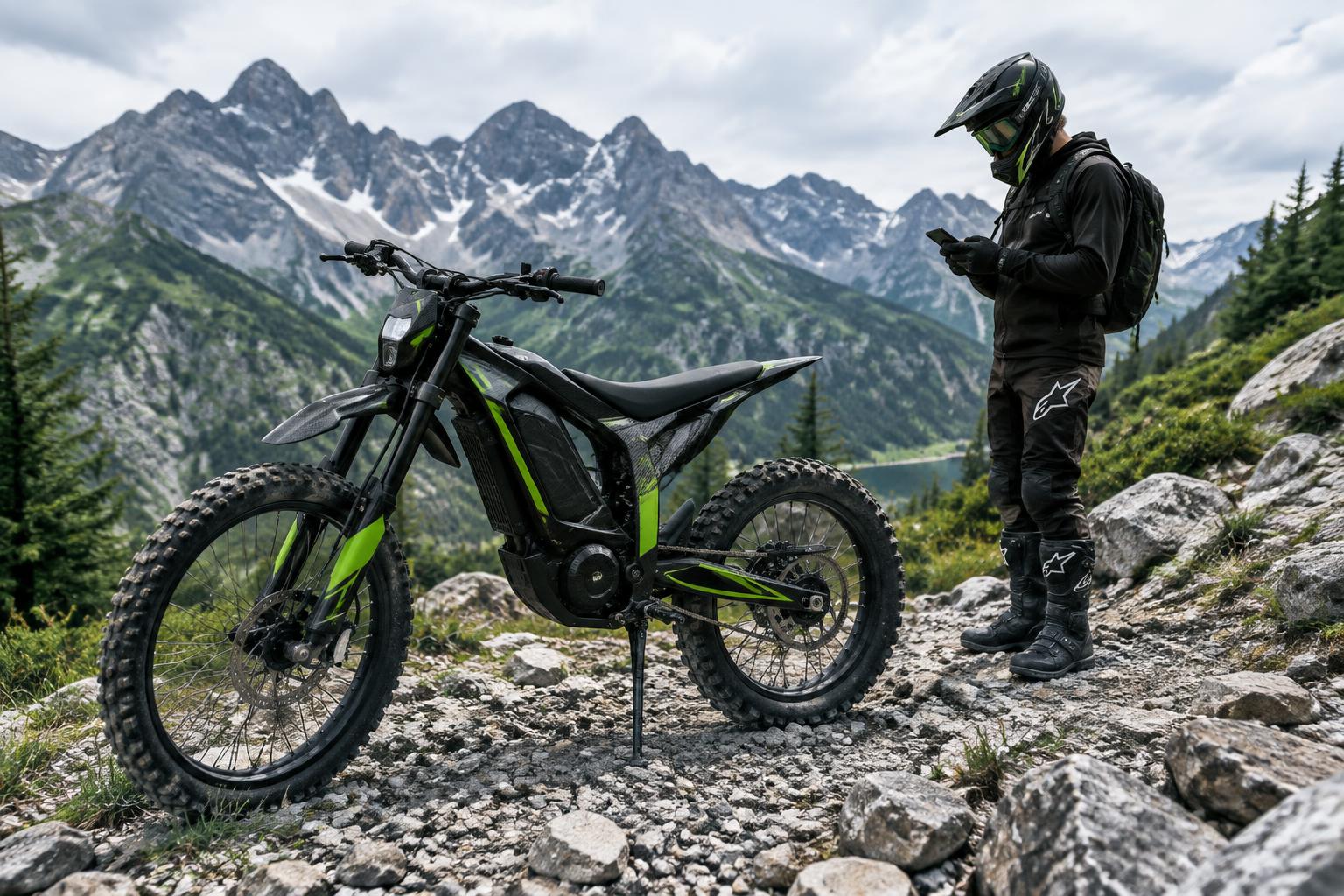 Elektryczny motocykl S&S Ride na górskim szlaku — klient przygotowuje rezerwację
