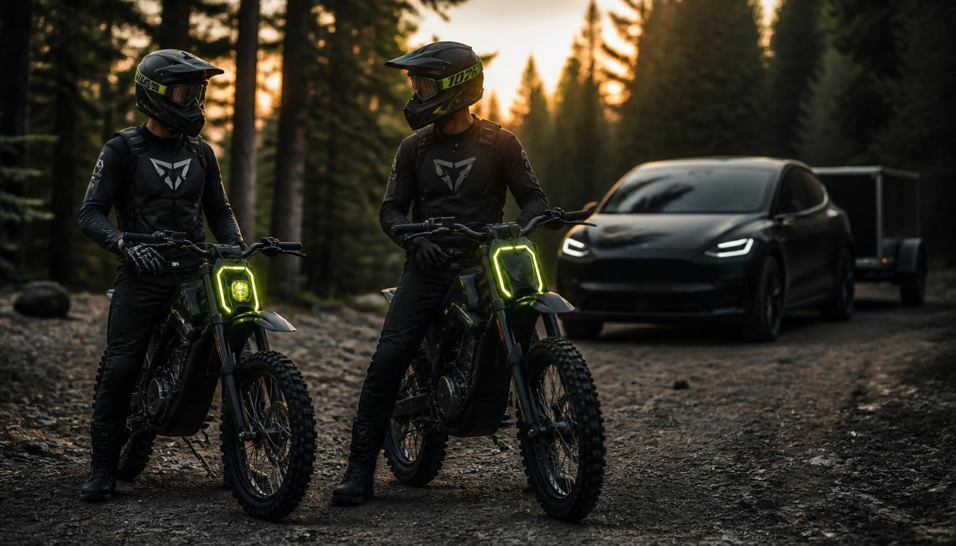 Rezerwacja S&S Ride — Twój weekend na pełnej Dwóch motocyklistów w pełnym wyposażeniu ochronnym przy elektrycznych motocyklach S&S Ride na leśnej drodze o zachodzie słońca