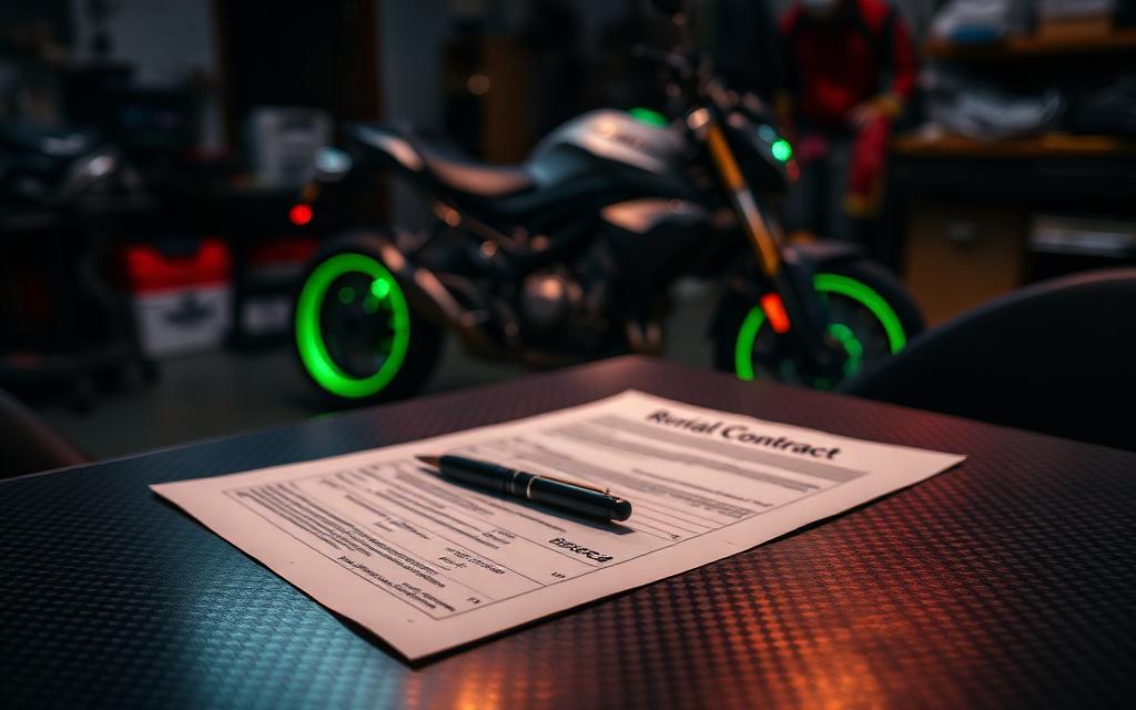 Umowa najmu motocykla elektrycznego z długopisem na karbonowym blacie