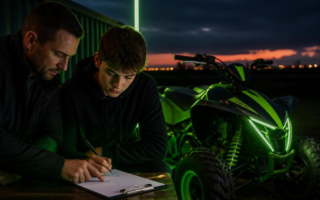 Opiekun i nastolatek podpisujący zgodę przy elektrycznym quadzie