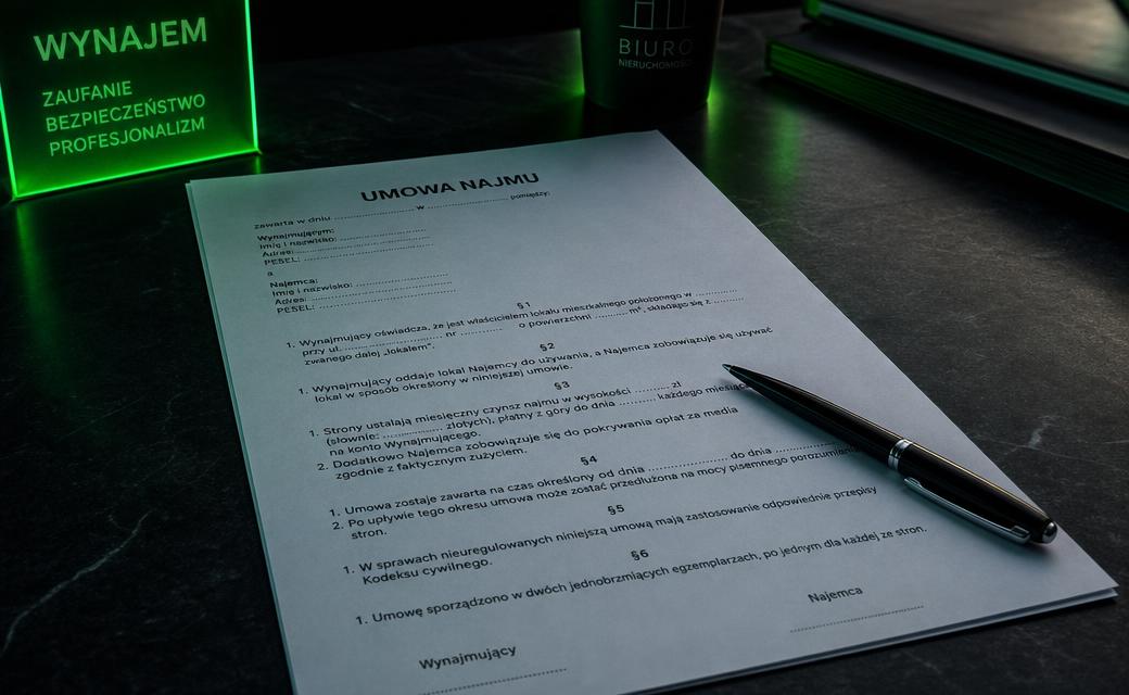 Polska umowa najmu z długopisem na ciemnym biurku