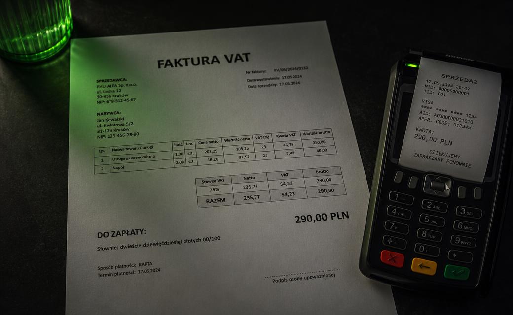 Faktura VAT i terminal płatniczy z paragonem w złotówkach
