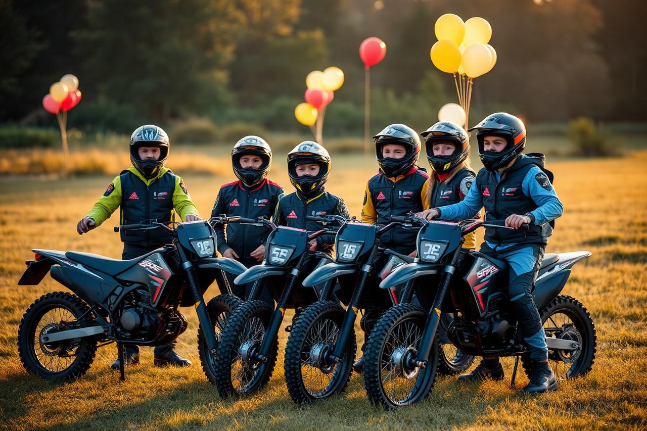 Grupa nastolatków w kaskach przy elektrycznych motocyklach Sur-Ron na urodzinach
