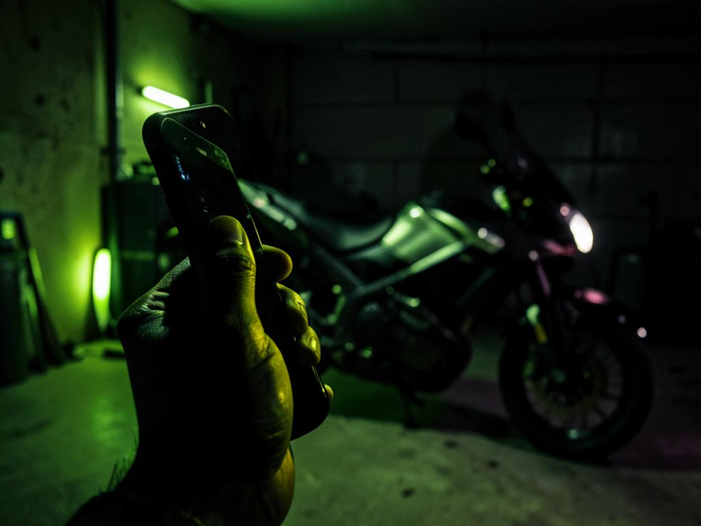 Telefon do S&S Ride w garażu z elektrycznym motocyklem