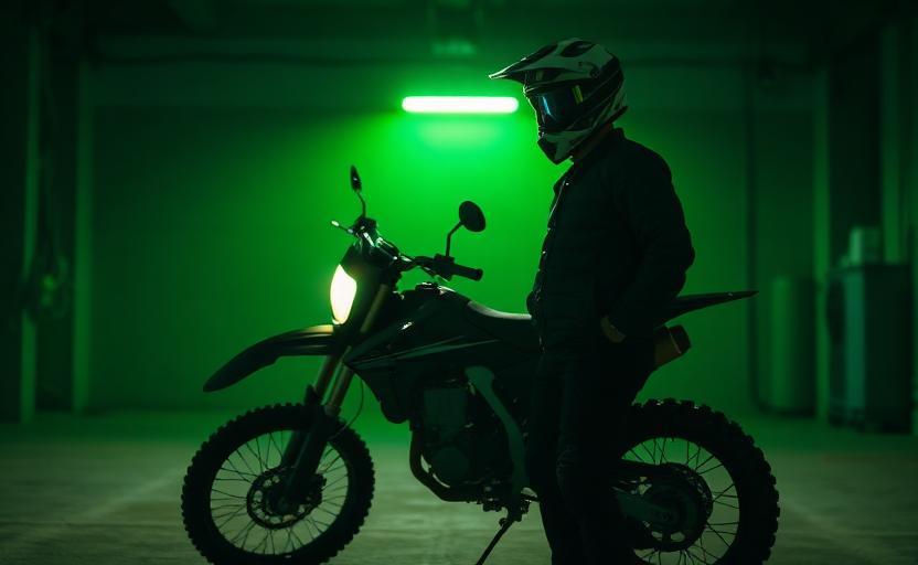 Pełnoletni motocyklista w kasku obok elektrycznego motocykla