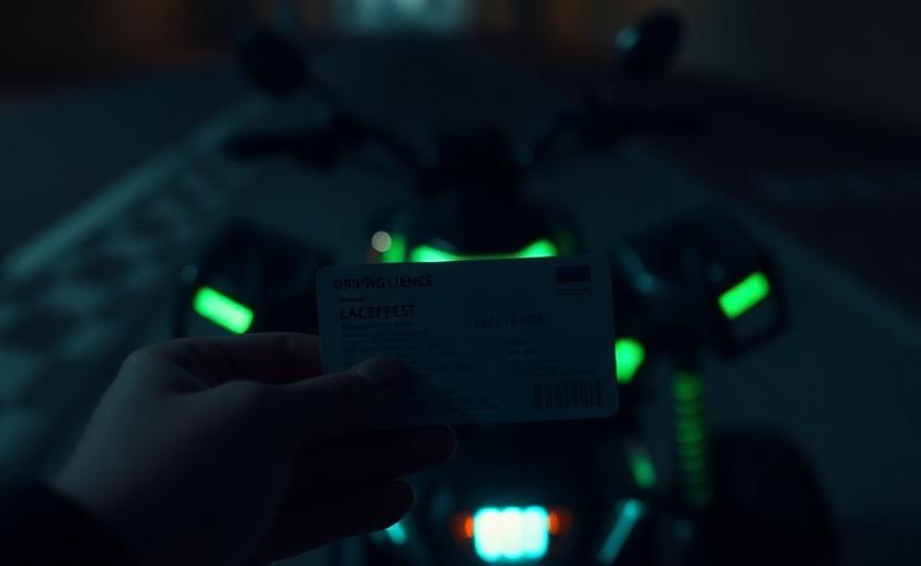 Prawo jazdy trzymane w dłoni na tle elektrycznego quada