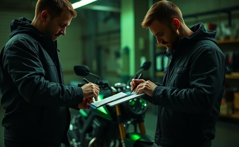 Podpisywanie protokołu odbioru przy motocyklu w warsztacie