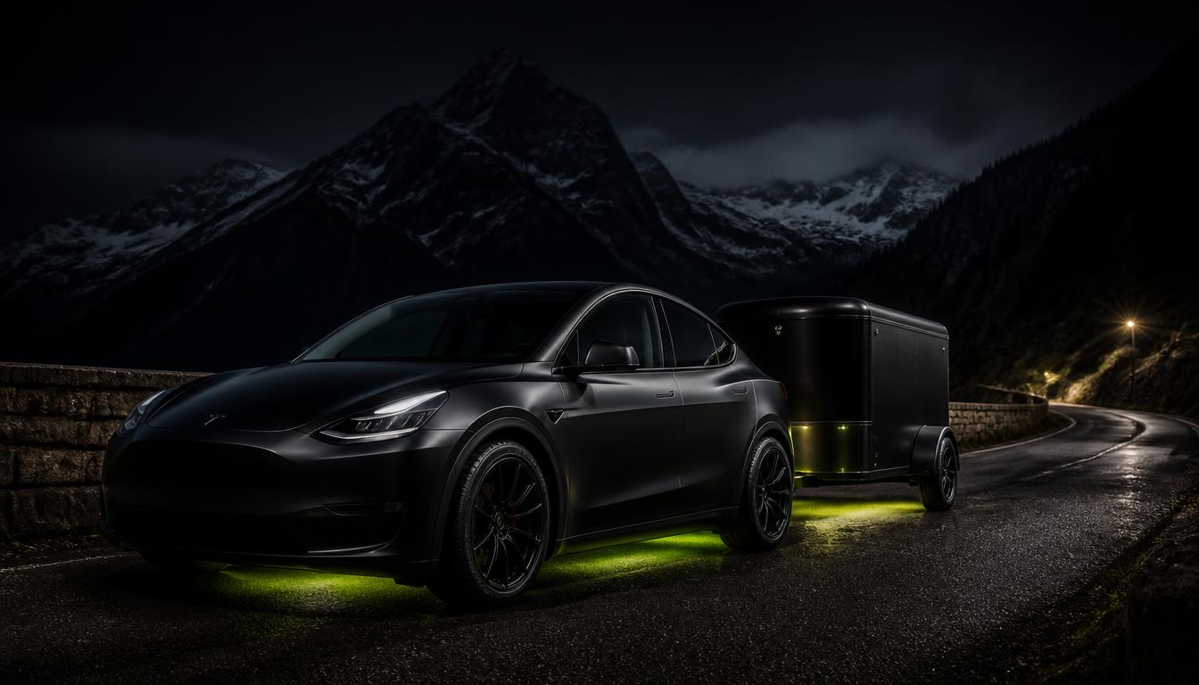 Dowóz elektrycznych motocykli S&S Ride — Tesla Model Y z przyczepą Tesla Model Y z logo S&S Ride i przyczepą transportową wiozącą elektryczne motocykle na nocnej drodze w górach